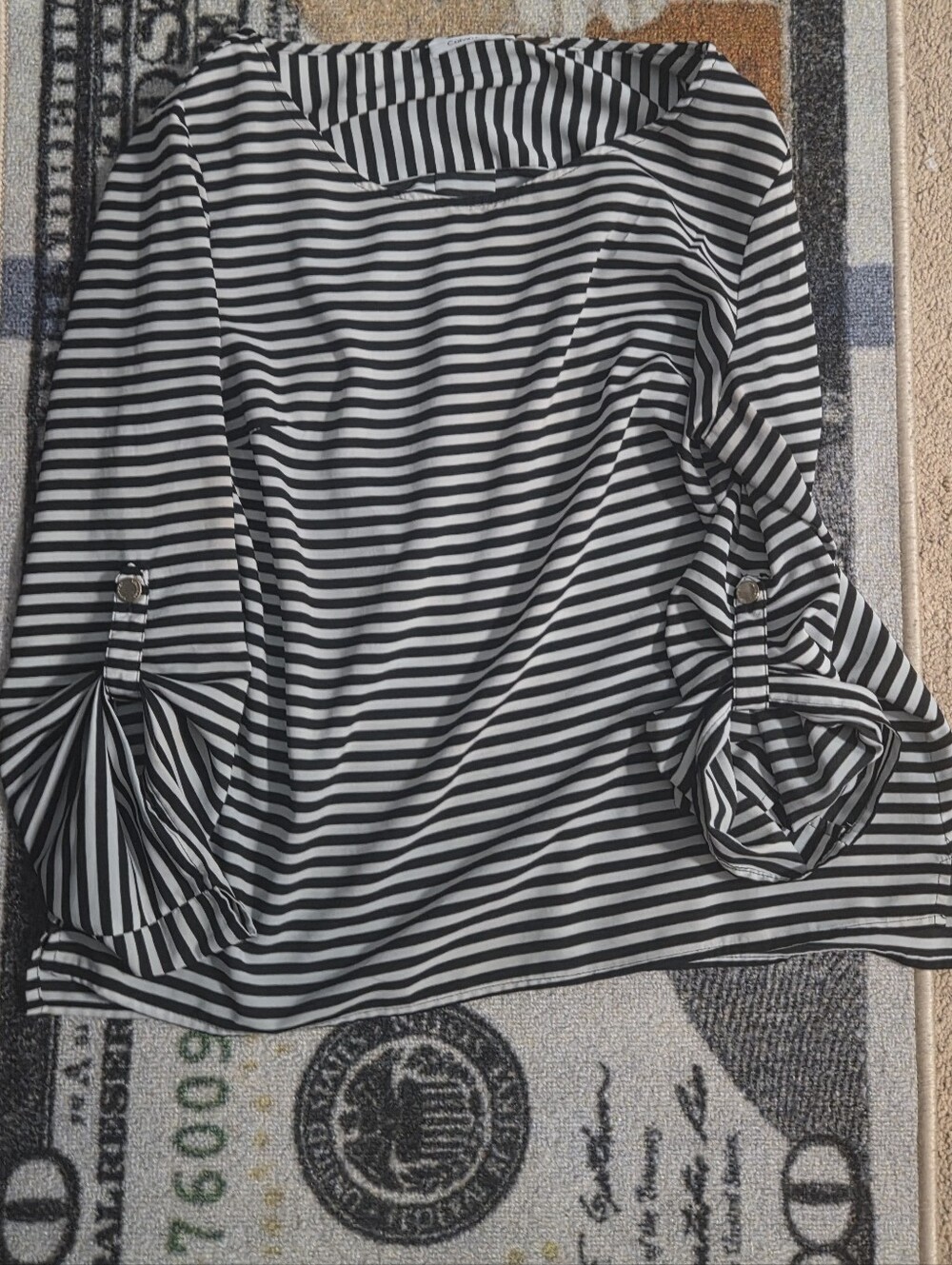 Women’s Black & White Striped Roll-Sleeve Boatneck Top